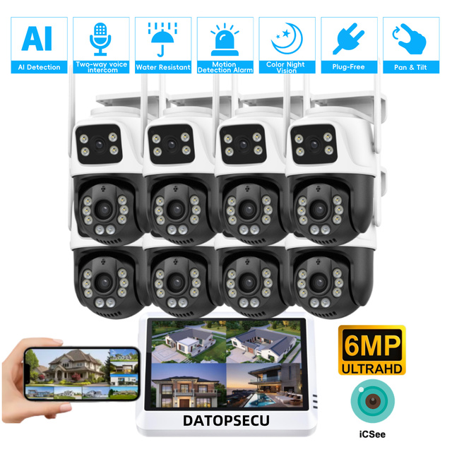 Icsee Xmeye 6MP 4CH Dual Lens WiFi CCTV Camera Kit System Wireless Security Outdoor PTZ with Two-Way Audio Network NVR Kit