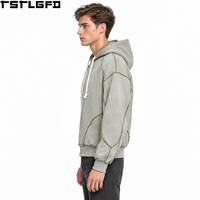 Hoodie zippé surdimensionné coupé et cousu pour homme, couleur sauge, épaules tombantes, surpiqûres apparentes, manches ballon, style streetwear vintage, vente en gros