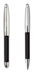 Premium Cylindrical Black Faux Leather Writing <b>Pen</b> with Distinctive <b>White</b> Stitched Grip & Polished Silver Trim for Custom Logo G - Product Image 2