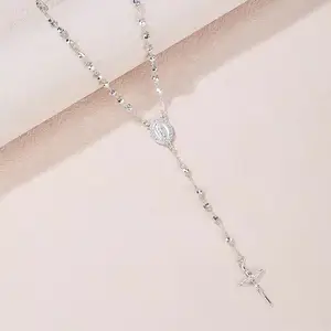 Vintage Silver Alloy Rosary Benedictine Beads Cross Prayer Christian Church Necklace