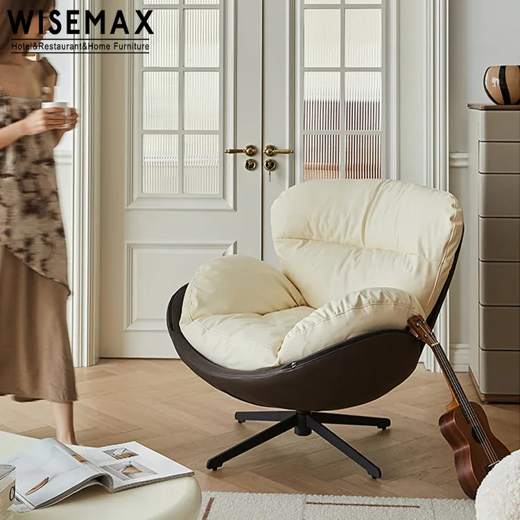 WISEMAX FURNITUREホーム家具シングルソファブラウンレザー回転金属脚高級レザーリビングルームアームチェアラウンジチェア