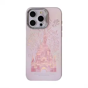 梦幻城堡粉色镭射手外壳硬壳银框iPhone14promax保护架手机壳