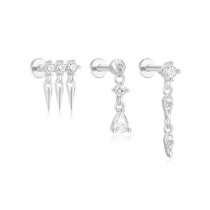 ROXI Boucle d'oreille simple en argent sterling 925 avec pendentif conique, piercing hélix plat pour cartilage, incrustation de zircon - Product Image 4