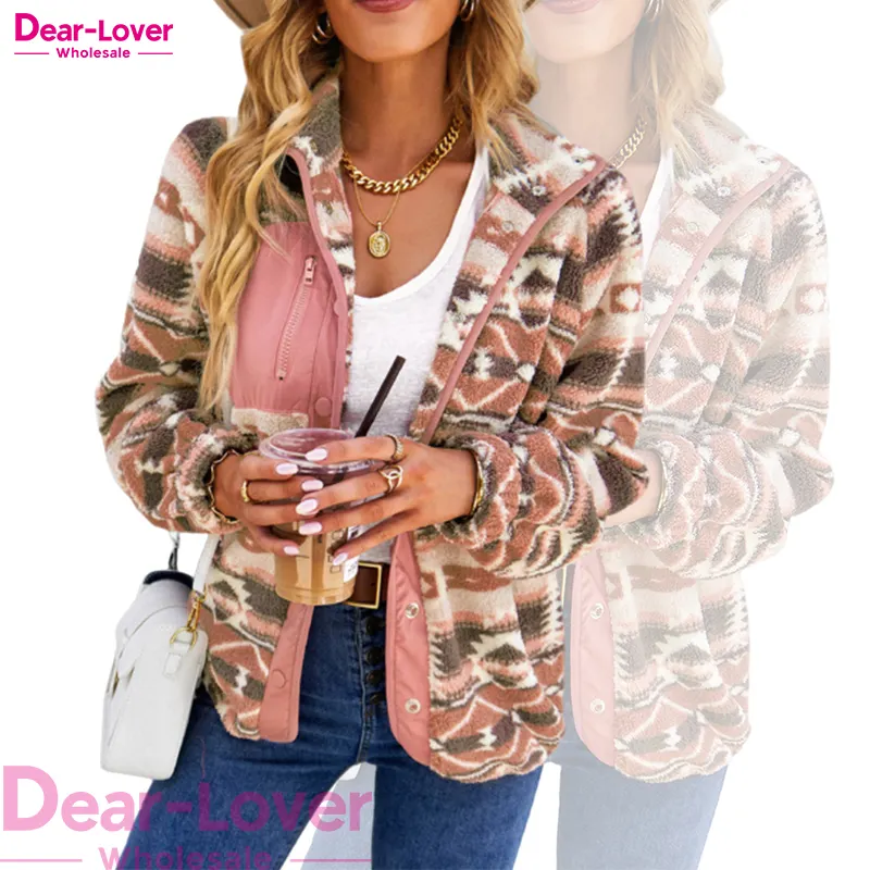 Dear-Lover Western Clothing Women's Fleece Jackets Aztec Colorblock Snap Buttoned Vintage Jacket