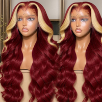Perruque 99J 613 Ombré Blonde avec Rouge Bourgogne, 100% Cheveux Humains Brésiliens, Pré-Pluckée, Perruque Frontale en Dentelle HD Transparente 13x4, Ondulée (Body Wave)