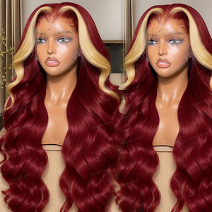 Parrucca 99J 613 Ombre Bionda con Rosso Borgogna, 100% Capelli Umani Brasiliani, Pre-Sfoltita, 13x4 HD Trasparente, Onda Corporea, Parrucca Frontale in Pizzo - Product Image 1