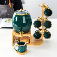 Ensemble de distributeur d'eau en céramique de style nordique Bord doré Blanc Vert Carafe en céramique avec 6 tasses et support en bambou