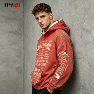 500Gsm Men's Acid Wash Hoodie Double Layer Lined Waffle Vintage Distressed Pullover Sweatshirt Streetwear <strong>Top</strong> Hoodies for Men - Product Image 3