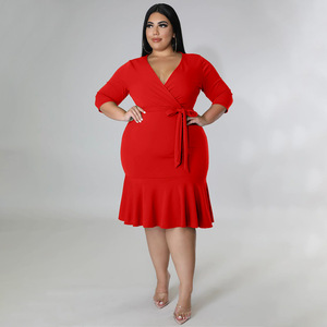 La maggior parte dei prodotti di vendita <span class=keywords><strong>Online</strong></span> <span class=keywords><strong>taglie</strong></span> forti abbigliamento da donna alla moda tinta unita Sexy cravatta a scollo a V avvolgente abito arruffato - Product Image 6