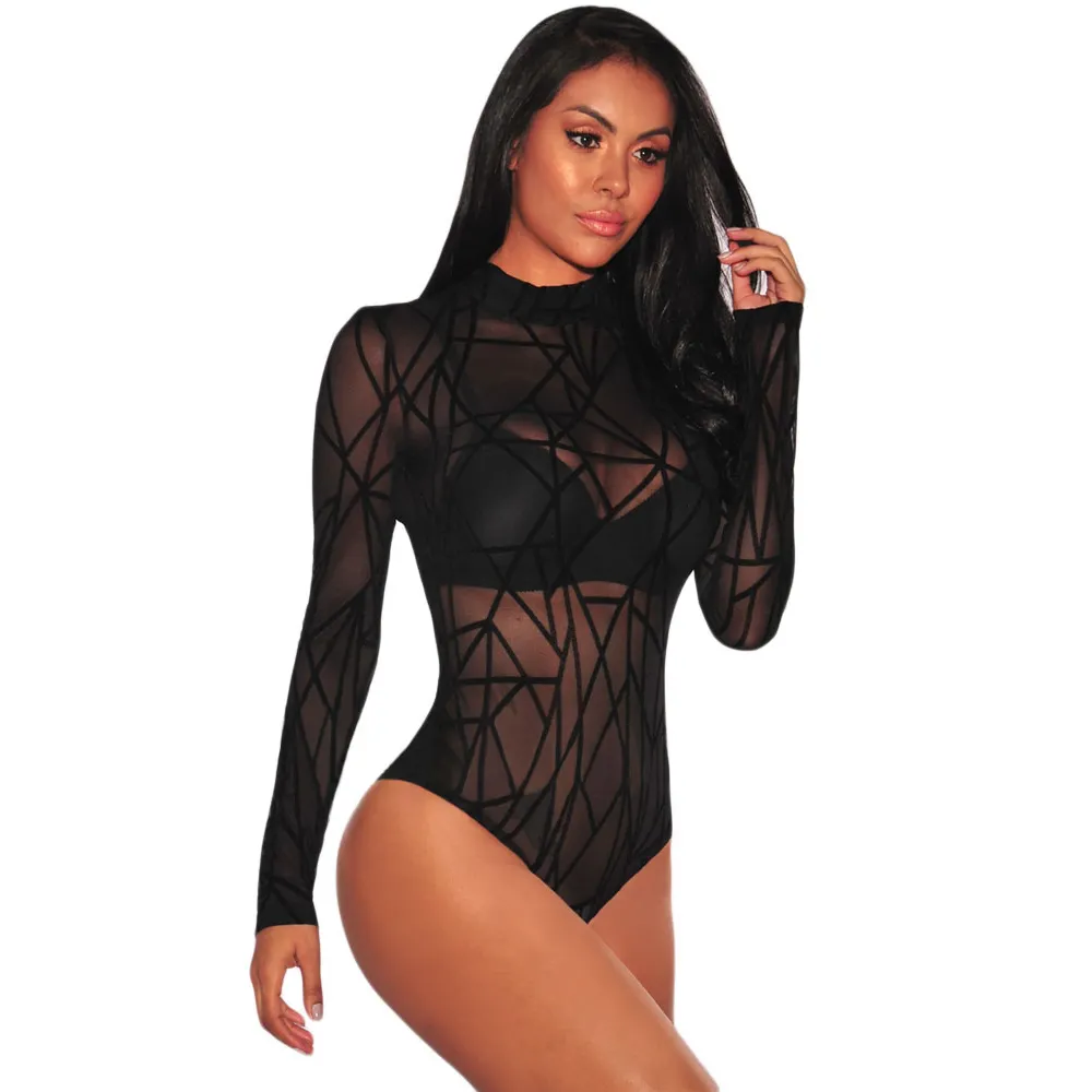 2020 Sheer Mesh Womens Long Sleeve Fashion Tops Black Velvet Bodysuit