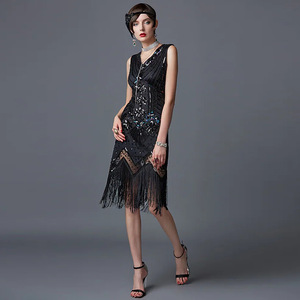 Gatsby Evening Gown Midi <b>Skirt</b> Strapless Sequined Tassel Vintage Dress Women's Clothing - Product Image 2