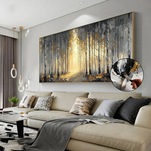 Arte <span class=keywords><strong>de</strong></span> pared enmarcado Bosque Otoñal, pintura decorativa abstracta en 3D con textura hecha a mano, decoración <span class=keywords><strong>de</strong></span> sala <span class=keywords><strong>de</strong></span> estar, lienzo dorado - Product Image 1
