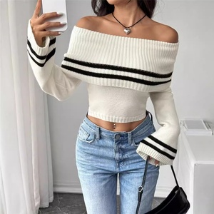 Pull court en tricot d'ordinateur à manches évasées et épaules dénudées de style coréen pour femmes d'été - Product Image 1