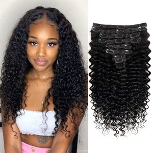Extensiones de Cabello con Clip de Onda Profunda, 100% Cabello Humano Brasileño Virgen, Color Negro Natural, Extensiones con Clip para Mujer - Product Image 1