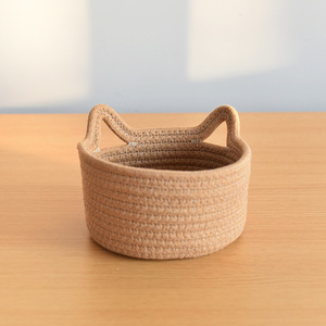 Handmade Woven Cat Ear Storage <b>Basket</b> Round 1-3L Desktop Organizer For Toys And Cosmetics - Product Image 2