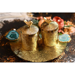 Buy Luxury Metal <b>Storage</b> Jar Set with Decorative Tray Gold <b>Container</b> Set for Home Decor and Tabletop Uses - Product Image 1