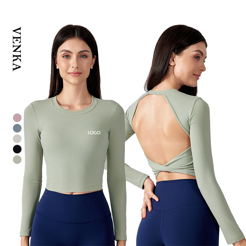 Hot Girl Sexy Beautiful Neck Backless Slimming Yoga Crop Top Lightweight High Elastic Fitness Long Sleeve for Plus Size Women