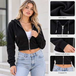 Custom <b>women</b> cropped zip up hoodie long sleeve hood ribbed cuffs hem solid <b>black</b> slim casual streetwear ladies <b>fleece</b> jacket - Product Image 3
