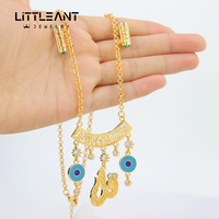 Collier pour dame en laiton plaqué or 21 carats au design unique avec lettres arabes bleues et mauvais œil