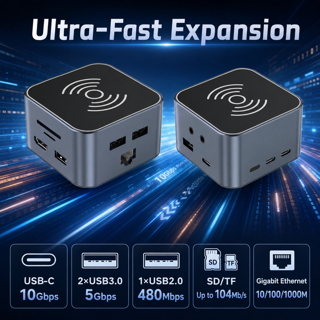 13in1 USB-C Docking Station with 15W Wireless Charger,4xUSB (10Gbps/5Gbps),HDMI4K*60Hz,GbE,SD/TF,Audio,PD 90W+100W,Aluminum Case