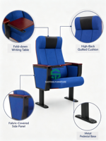 Chaise d'auditorium pour salle de conférence avec appui-tête contrastant, accoudoir et tablette d'écriture pliable