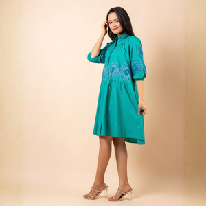 Vestido Corto de Lino Elegante de Primera Calidad, Bordado, con Fruncido Frontal, Casual para Mujer - Product Image 1