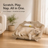 Lit pour chat en bois avec griffoir incurvé en sisal, jouet pompon inclus, mobilier d'intérieur pour animaux de compagnie