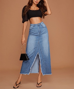 Toptan özel rahat yüksek bel bayanlar Jean etek uzun Midi yarık bölünmüş kadın etek <span class=keywords><strong>Denim</strong></span> uzun kadın etekler - Product Image 5
