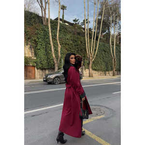 Gabardina Larga para Mujer, Color Borgoña, Cuello Camisero, Doble Botonadura, Relleno de Algodón, Impermeable, Estampado Informal, Corta, para Otoño/Invierno - Product Image 1