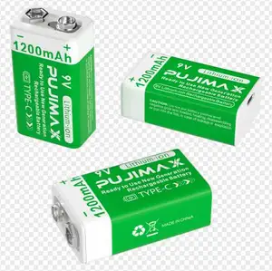 PUJIMAX Baterias recarregáveis 9V 1 PCS 1200mAh Bateria USB C Bateria de íon de lítio com cabo tipo C para termômetro infravermelho