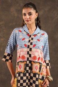 ชุดเซ็ตเสื้อทูนิคคอปกพิมพ์ลายปะติดปะต่อสำหรับผู้หญิงสุดหรู พร้อมกางเกงขายาวทรงตรง ดีไซน์เนอร์แฟชั่น - Product Image 6