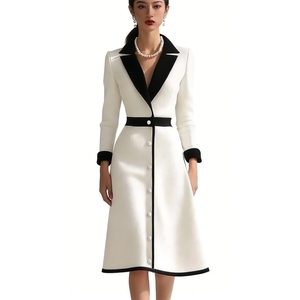 ชุดเดรสสีขาว & ดำของผู้หญิง, ชุดเดรสยาวคลุมเข่าแขนยาวแบบทางการมีเข็มขัดแฟชั่น - Product Image 3