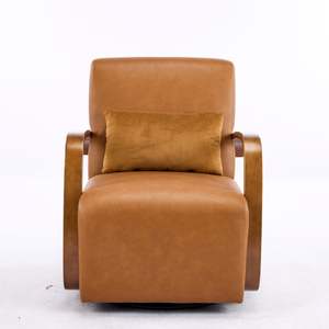 Sillón Giratorio Vintage Marrón, Cuero Sintético de Lujo, Reposabrazos de Madera Maciza, Comodidad Ergonómica, Perfecto para Sala de Estar, Lectura - Product Image 1