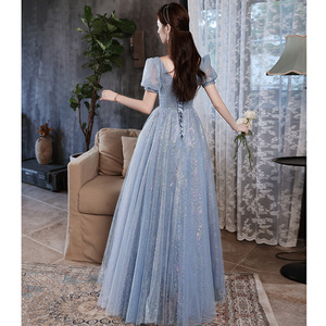 Women's Evening Gown Blue Empire Waist Sweetheart Neckline Ball Gown <b>Glitter</b> Dress For Vocal Arts Examination Annual Meeting - Product Image 4