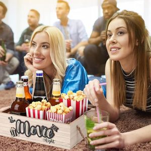 Caja de madera para refrigerios con asa, organizador de palomitas y bebidas, organizador rectangular portátil de madera maciza para noche de cine - Product Image 1