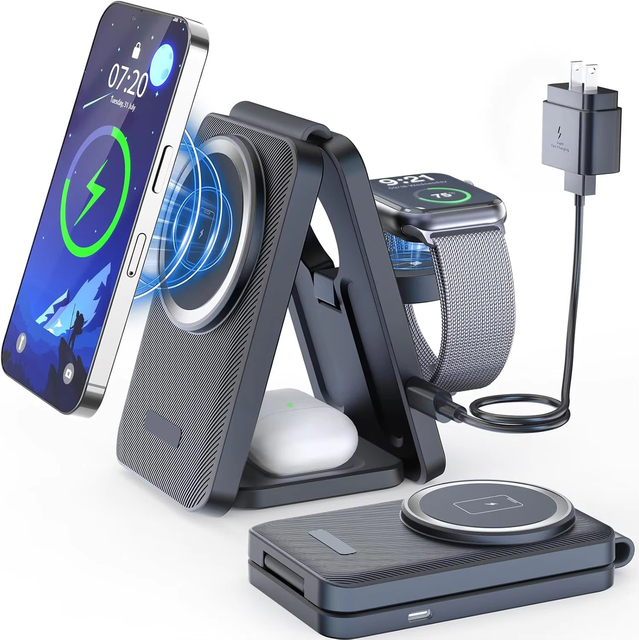 Kingtron 3 in 1 Foldable Magnetic Wireless Charger for Phone Watch TWS Earphone with OTP/OVP Protection Portable Design