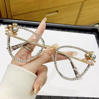 Monture de lunettes élégante en strass et perles bleu clair, certifiée ISO9001, idéale pour le quotidien, les affaires, les rendez-vous, les fêtes et l'utilisation informatique