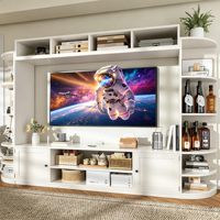 240 cm Weißer Holz-TV-Ständer mit 2 Aufbewahrungsschränken, Präsentationsregalen, Steckdosen und USB-Anschlüssen, Moderne Medienkonsole für 60-64 Zoll Fernseher im Wohnzimmer