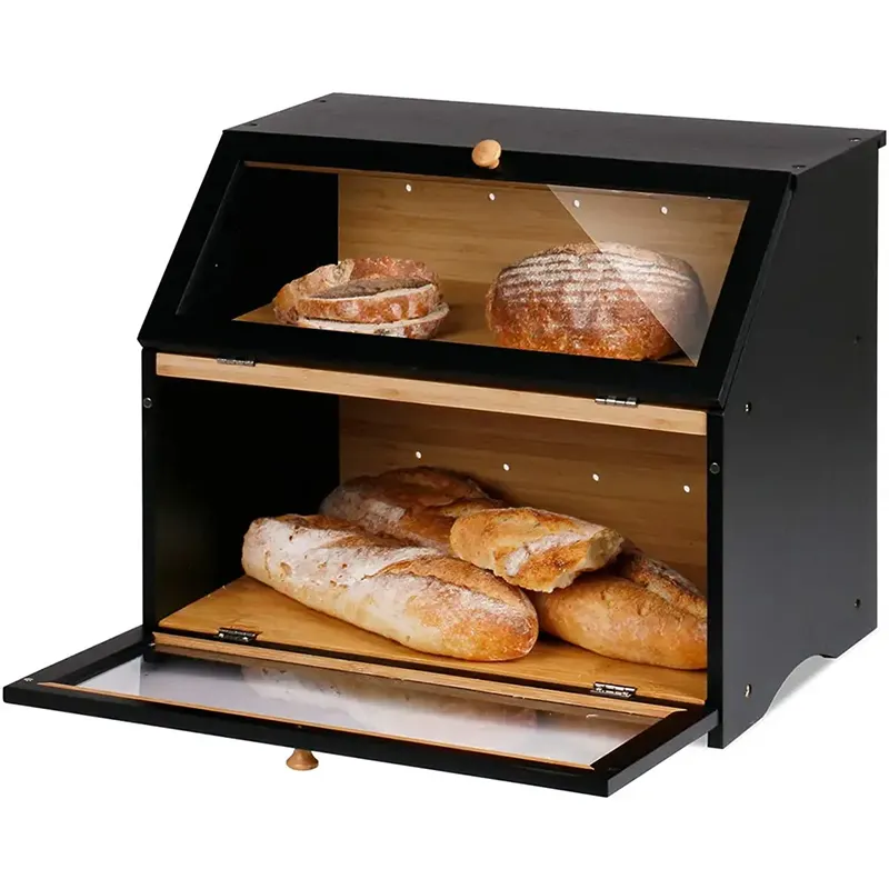डबल परतों काली बड़े रोटी बॉक्स रसोई काउंटर लकड़ी के बड़े क्षमता बांस रोटी के लिए खाद्य भंडारण बिन