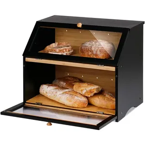 Grande boîte à pain noire double couche pour comptoir de cuisine Boîte de rangement en bois de grande capacité pour pain en bambou