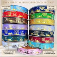 Pita Poliester 2cm 44M Eid Mubarak Ramadan Motif Bulan Bintang Lentera Pita Foil Emas untuk Dekorasi Hadiah Pesta Idul Fitri Muslim Islam