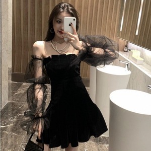 性感露肩网眼拼接连衣裙女性时尚粉扑袖一线迷你黑色连衣裙春季韩版女士修身前庭 - Product Image 4