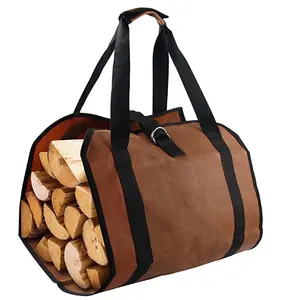 Grand sac de transport de bûches en toile Sac fourre-tout en bois de chauffage ciré robuste pour les poêles à bois d'intérieur Sac de rangement en bois pour le <span class=keywords><strong>camping</strong></span> en plein air - Product Image 1