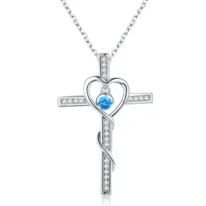 BAGREER SCN240 statement twine heart cubic zirconia stone with cross shaped pendant 925 silver chain women necklace jewelry