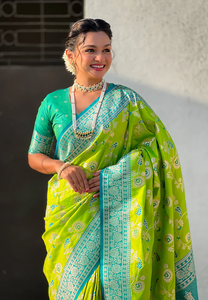 Saree en soie douce Banarasi vert perroquet avec motif Jaal contrasté et tissage Zari riche pour un traditionnel vibrant et élégant - Product Image 3