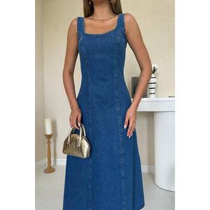Robe fourreau en jean bleu col rond respirante pour femme, longueur midi - Product Image 2
