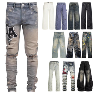 <span class=keywords><strong>Jeans</strong></span> en denim pour hommes en gros, coupe slim, déchirés, style streetwear, délavés, avec broderie au genou, décontractés - Product Image 1