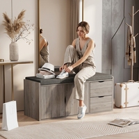 Banc de rangement fonctionnel pour chaussures avec siège rembourré, organisateur d'entrée, armoire latérale, tiroirs coulissants, étagère ouverte, finition grain de bois