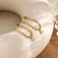 Pendientes de Cadena de Doble Capa con Cuentas de Zirconia en Forma de Lágrima, Chapados en Oro, de Acero Inoxidable, Joyería de Moda al por Mayor Dreamshow