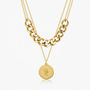 Chaîne cubaine à Double chaine pour femmes, plaqué or 18k, avec pendentif en pièce de monnaie, chaîne cubaine reine ustensile, bijoux, - Product Image 1